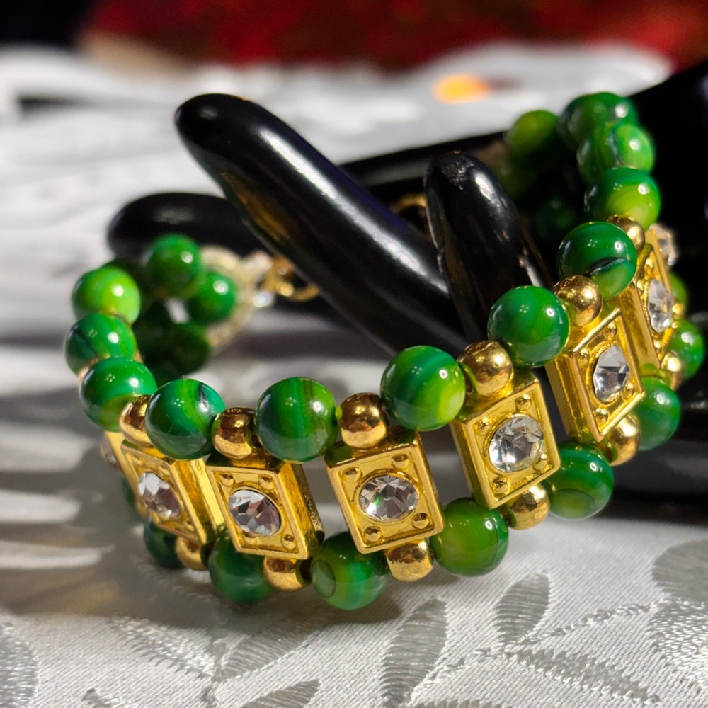 Turquoise Green Shell Beads with Gold and Rhinestone accents  7.5 inches